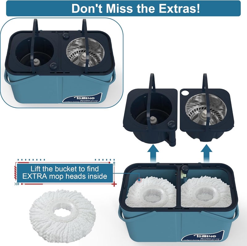 RinseWise Store Gen 1 Large-Capacity Spin Mop and Bucket – for Big Homes & Deep Cleaning Days,4-Chamber System Separates Dirty & Clean Water, 2-GAL Heavy-Duty Design with Wheels & 8 Refill Mop Heads - Blue/Grey - Image 4
